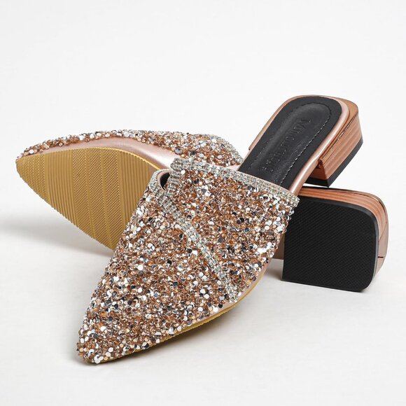 Women's Golden Flats Comfortable Soft Insole Pointed Cherry Rivet Mule Shoes - Picture 3 of 7